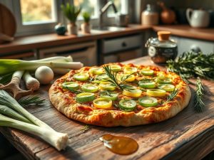 Pizza Vegana de Alho Poró com Toque de Alecrim