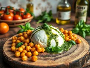 Burrata ao molho pesto com crocante de grão-de-bico