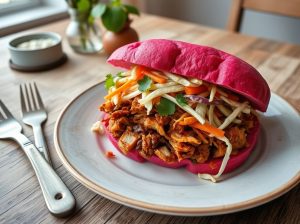 Sanduíche de Carne Louca Vegetal com Pão de Beterraba