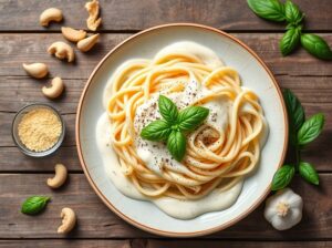 Macarrão Vegano ao Molho Branco de Castanha-de-Caju