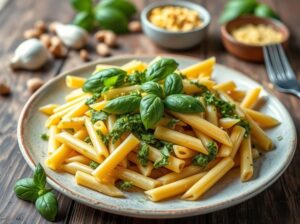 Penne Vegano com Molho Pesto de Manjericão