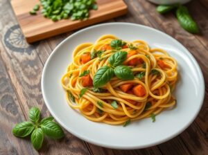 Macarrão Vegano com Abóbora Cabotiá ao Pesto de Manjericão
