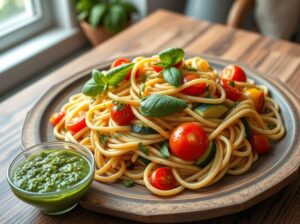 Macarrão Integral Vegano com Legumes ao Pesto de Manjericão