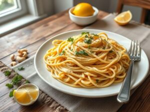 Espaguete Vegano ao Molho de Castanhas e Limão