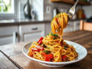 Macarrão Vegano com Pimentão e Cebola Caramelizada