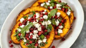 Receita de Abóbora Honeynut Glaceada com Feta Vegano e Hortelã