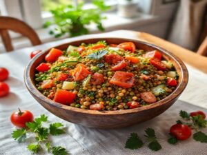 Salada Mediterrânea de Lentilha, Tomate-Cereja e Pepino