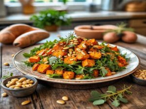 Salada de Batata-Doce Assada com Rúcula e Sementes de Abóbora
