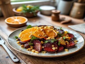 Salada de beterraba assada com laranja e pistache