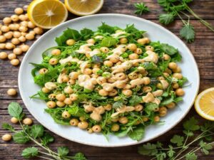 Salada de grão-de-bico com ervilha-torta, rúcula e tahine limão