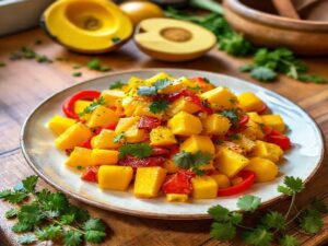 Salada de Manga, Pimentão Vermelho e Coentro com Limão-Gengibre