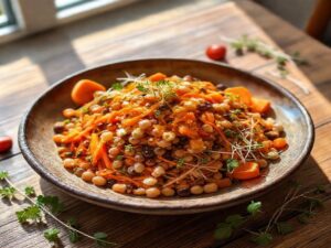 Salada de feijão-azuki com cenoura, brotos e molho de laranja