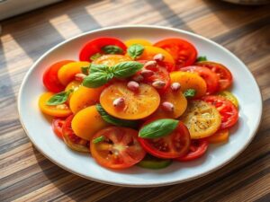 Salada de Tomate Heirloom com Manjericão, Pimenta Rosa e Azeite Extra-Virgem