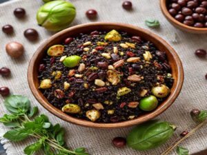 Salada de Arroz Negro com Pistache, Cranberries Secos e Couve-de-Bruxelas Assada