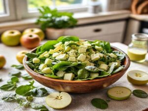 Salada de Espinafre, Pepino, Maçã e Molho de Maçã Verde