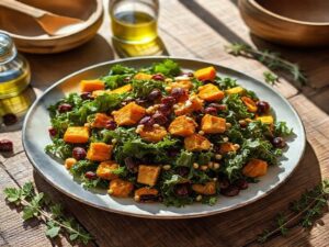 Salada de couve com abóbora assada, cranberries secos e sementes de girassol