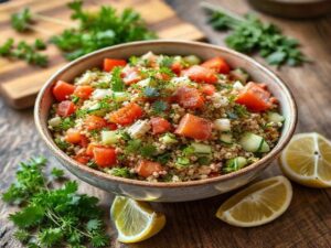 Salada de tabule vegano com pepino e limão