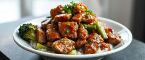 Carne vegana ao molho teriyaki com brócolis e tofu