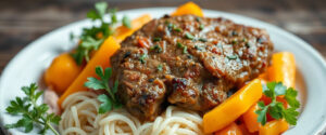 Carne vegana cozida com legumes mediterrâneos