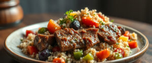 Carne vegetal com legumes grelhados e quinoa temperada