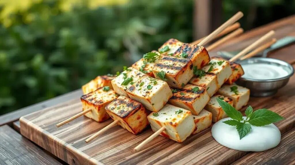 Deliciosos espetos de tofu com molho de iogurte de endro
