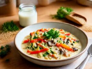 Estrogonofe vegano com tiras vegetais cremoso