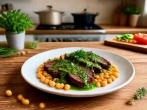 Carne Vegetal ao Molho de Ervas com Grão-de-Bico