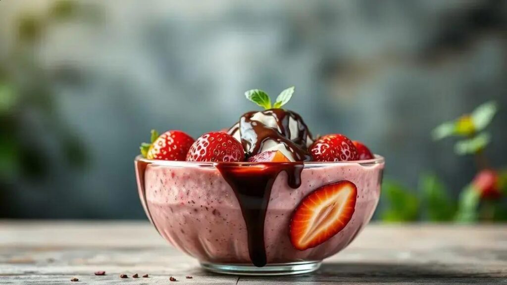 Deliciosa receita de smoothie bowl de morango e chocolate vegano
