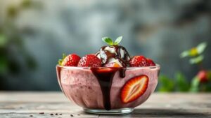 Deliciosa receita de smoothie bowl de morango e chocolate vegano