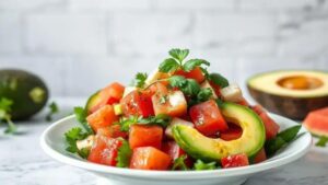 Experimente a refrescante salada de chimichurri com abacate e melancia