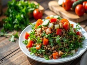 Salada de lentilha com rúcula vibrante