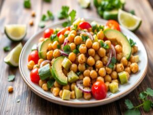 Salada de grão-de-bico com abacate tropical