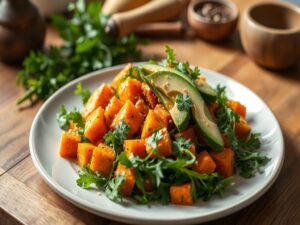 Salada de Batata-Doce Assada com Rúcula Tropical