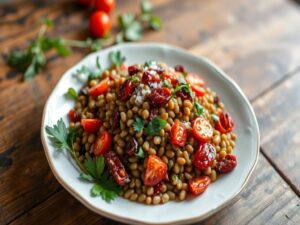 Salada de lentilha com tomate seco e ervas frescas