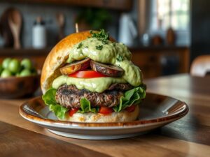 Hambúrguer de Cogumelo Defumado com Molho de Abacate