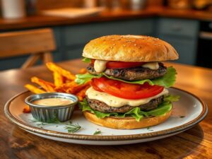 Hambúrguer Umami Vegano com Cogumelos e Molho de Tahine