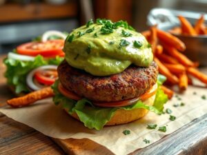 Hambúrguer de Seitan com Molho de Abacate e Ervas