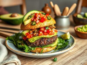 Hambúrguer Vegano Estilo Mexicano com Guacamole Picante