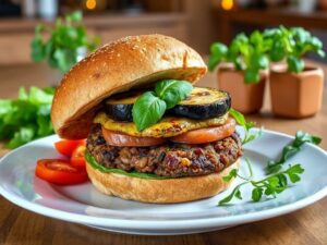 Hambúrguer Vegano Estilo Italiano com Pesto e Berinjela Grelhada