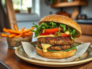 Hambúrguer Vegano Estilo Francês com Molho de Mostarda e Ervas