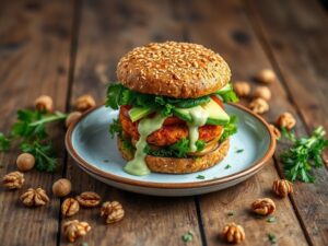 Hambúrguer de Nozes Crocante com Molho de Abacate